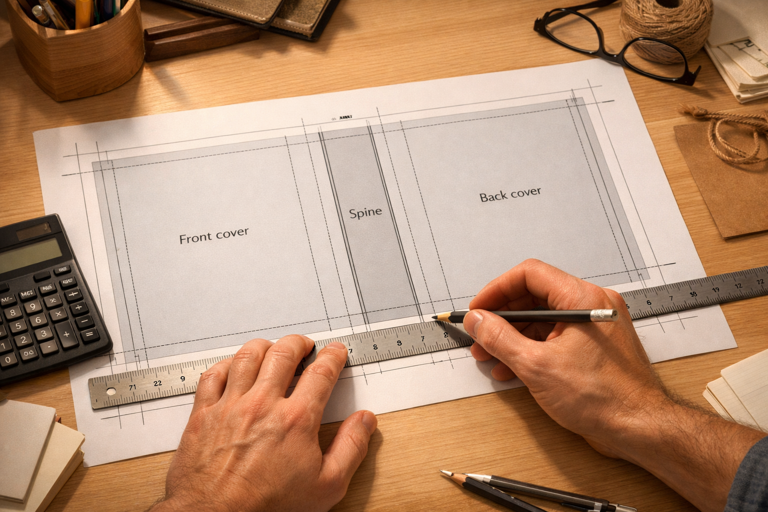 Mani che misurano una copertina libro con righello e mockup che mostra fronte, dorso e retro