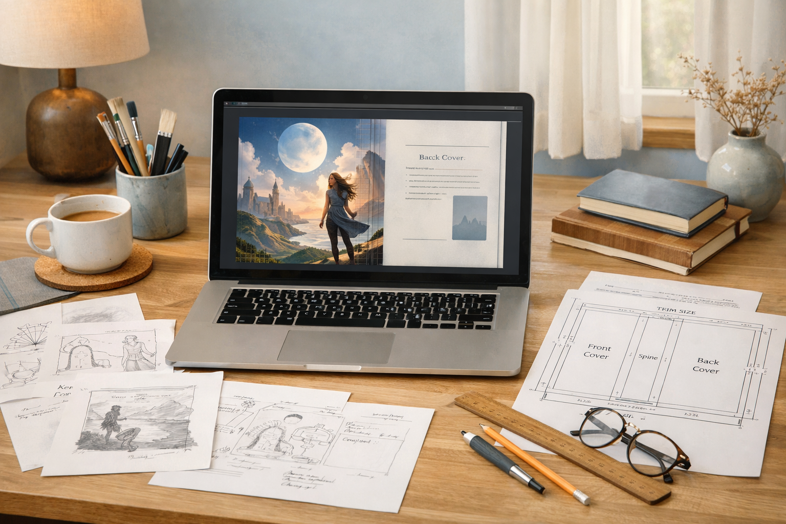 Workspace showing a laptop with book cover layout and AI-generated artwork, sketches, and a KDP template printout.