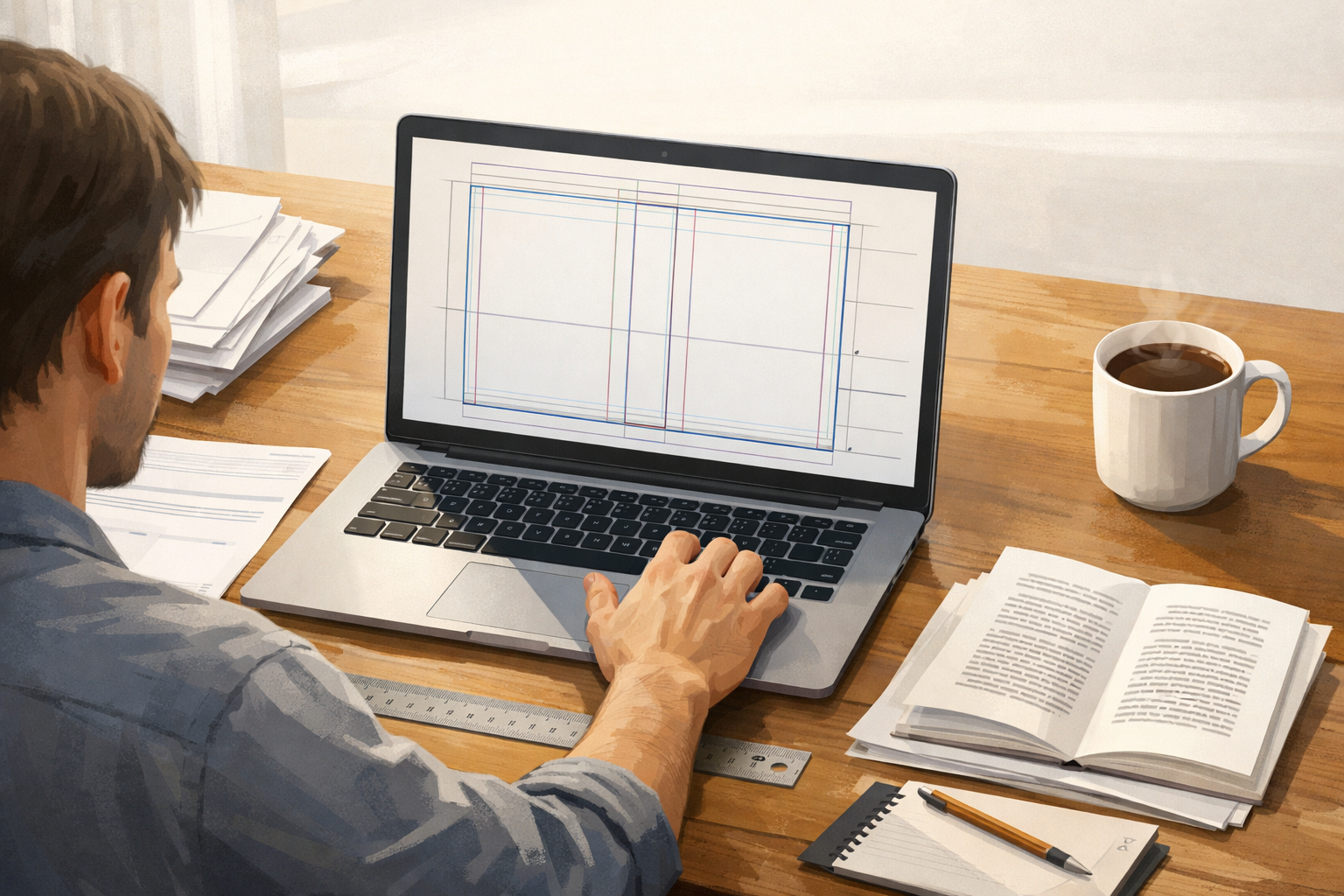 Author using a laptop showing a book cover template calculator with trim and spine guides, ruler and printed proof on the desk.