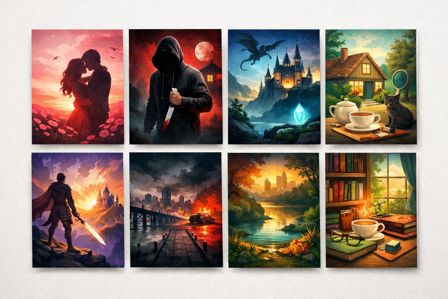 Grid of book cover thumbnails demonstrating genre‑specific color palettes — warm pastels, deep charcoals with red accents, jewel tones, and muted teals.