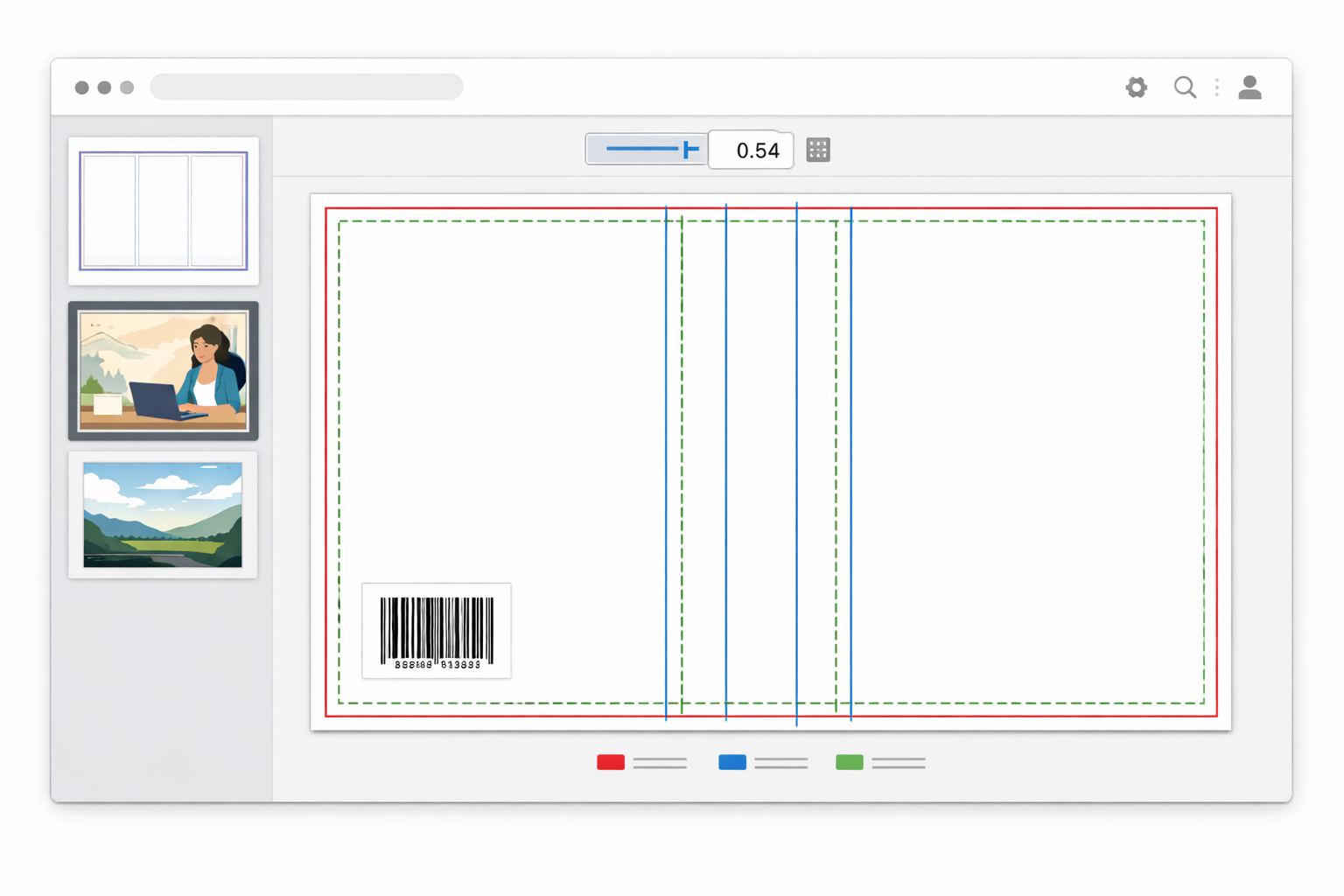 Illustration of a KDP cover template generator interface showing trim, bleed, spine measurements, and thumbnail previews.
