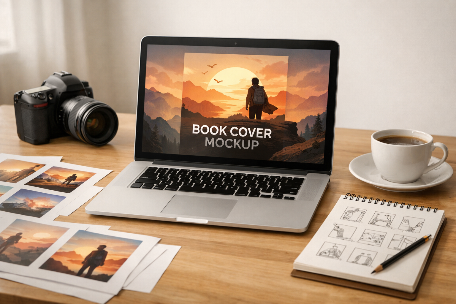 Laptop displaying a book cover mockup and the word 'coverstudio', printed proofs and sketch thumbnails on a desk