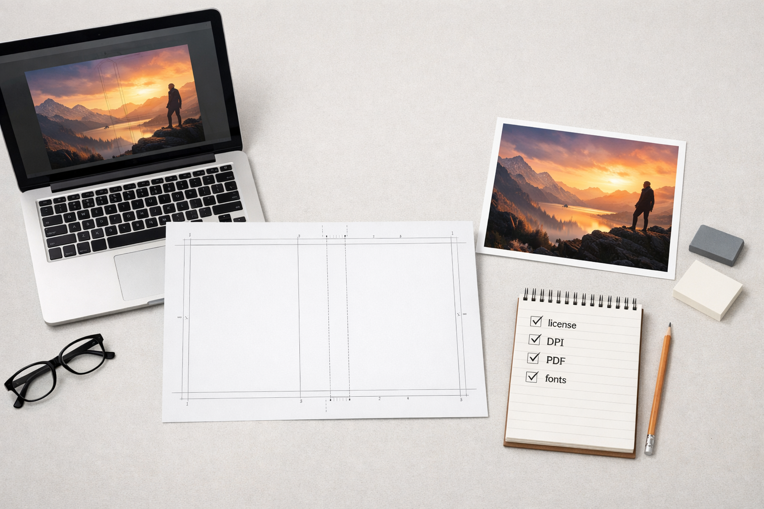 Workspace with laptop showing a book cover mockup, print cover template, and a checklist for cover file checks.