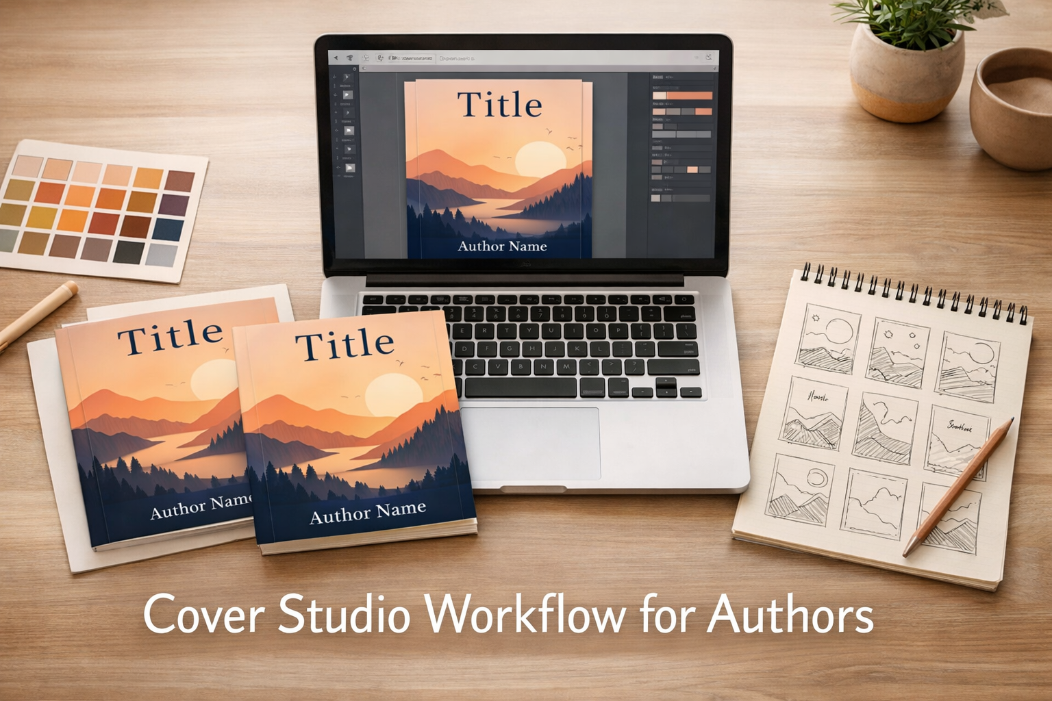 Flat-lay of a laptop showing a book cover editor, printed cover proofs, color swatches, and thumbnail sketches — illustrating a cover studio workflow for authors.