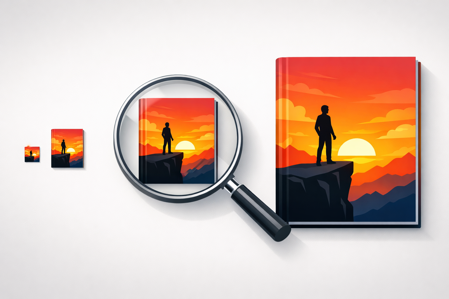 A row of the same book cover shown as tiny, medium, and large thumbnails with a magnifying glass over the medium one, illustrating thumbnail testing for book covers.