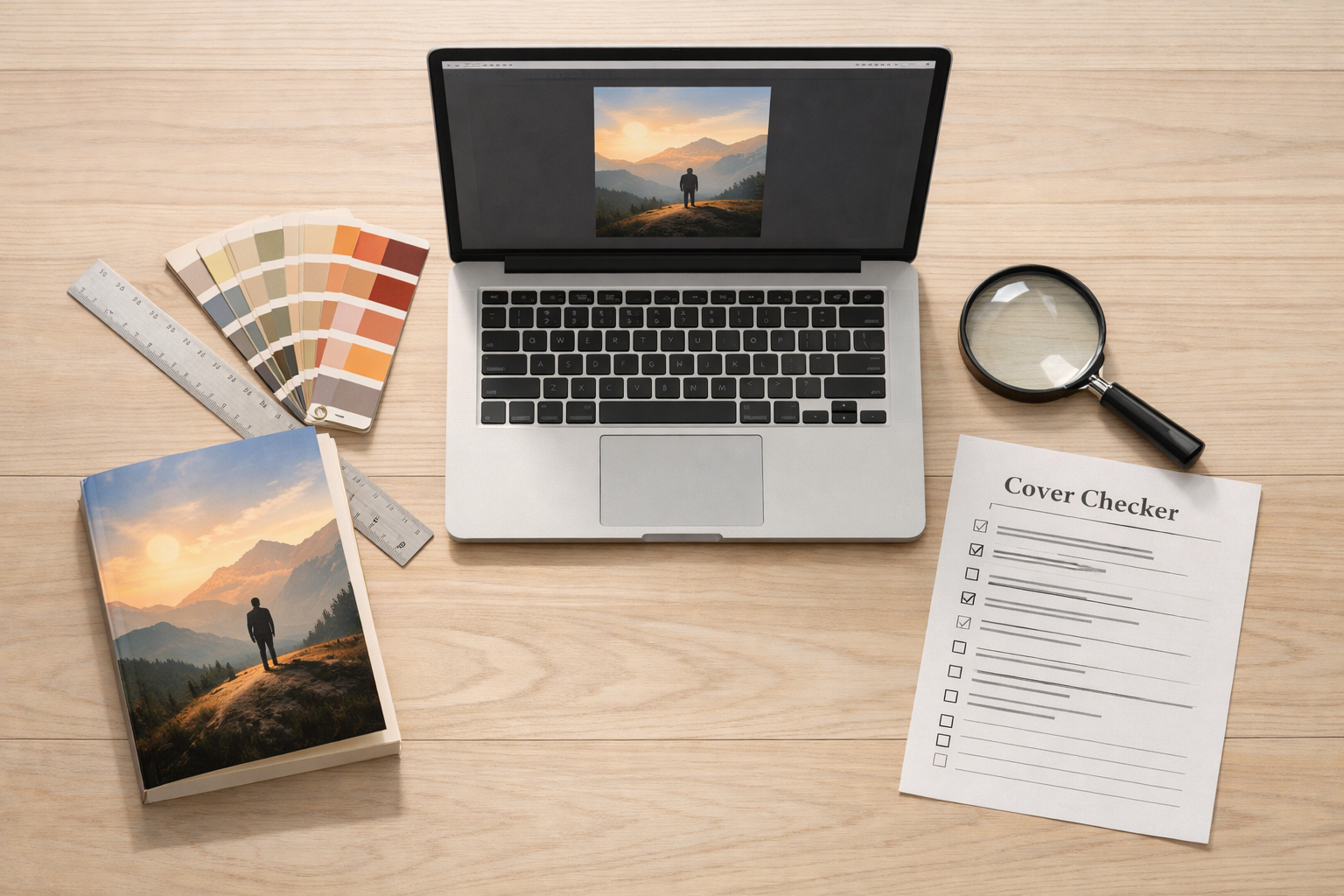 Workspace with printed book proof, laptop showing cover thumbnail, magnifying glass, color swatches and a printed 'Cover Checker' checklist.