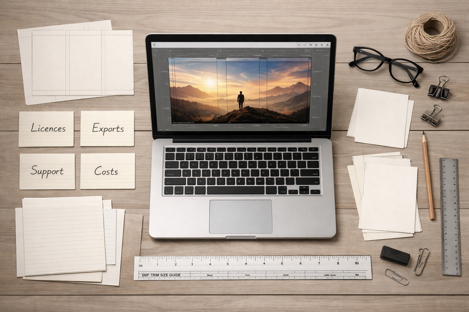 Flat‑lay of a laptop with a book cover editor open, index cards labeled licences/exports/support/costs, and KDP template tools.