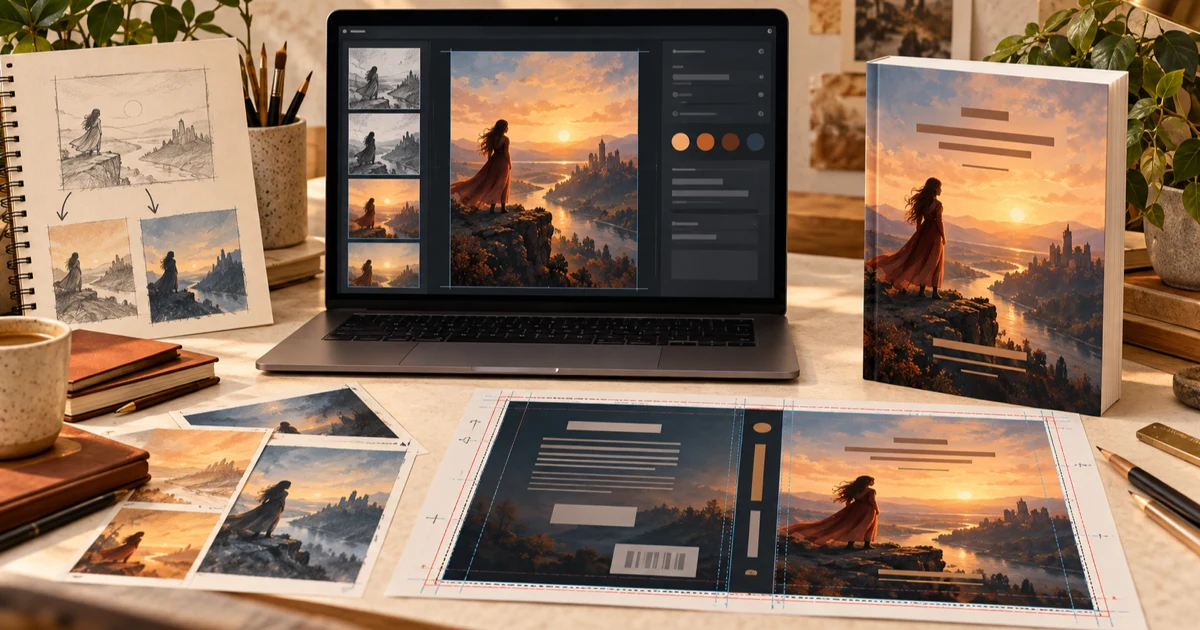 An AI-assisted book cover workflow progressing from sketches and generated artwork to a paperback and print-ready full-wrap layout.