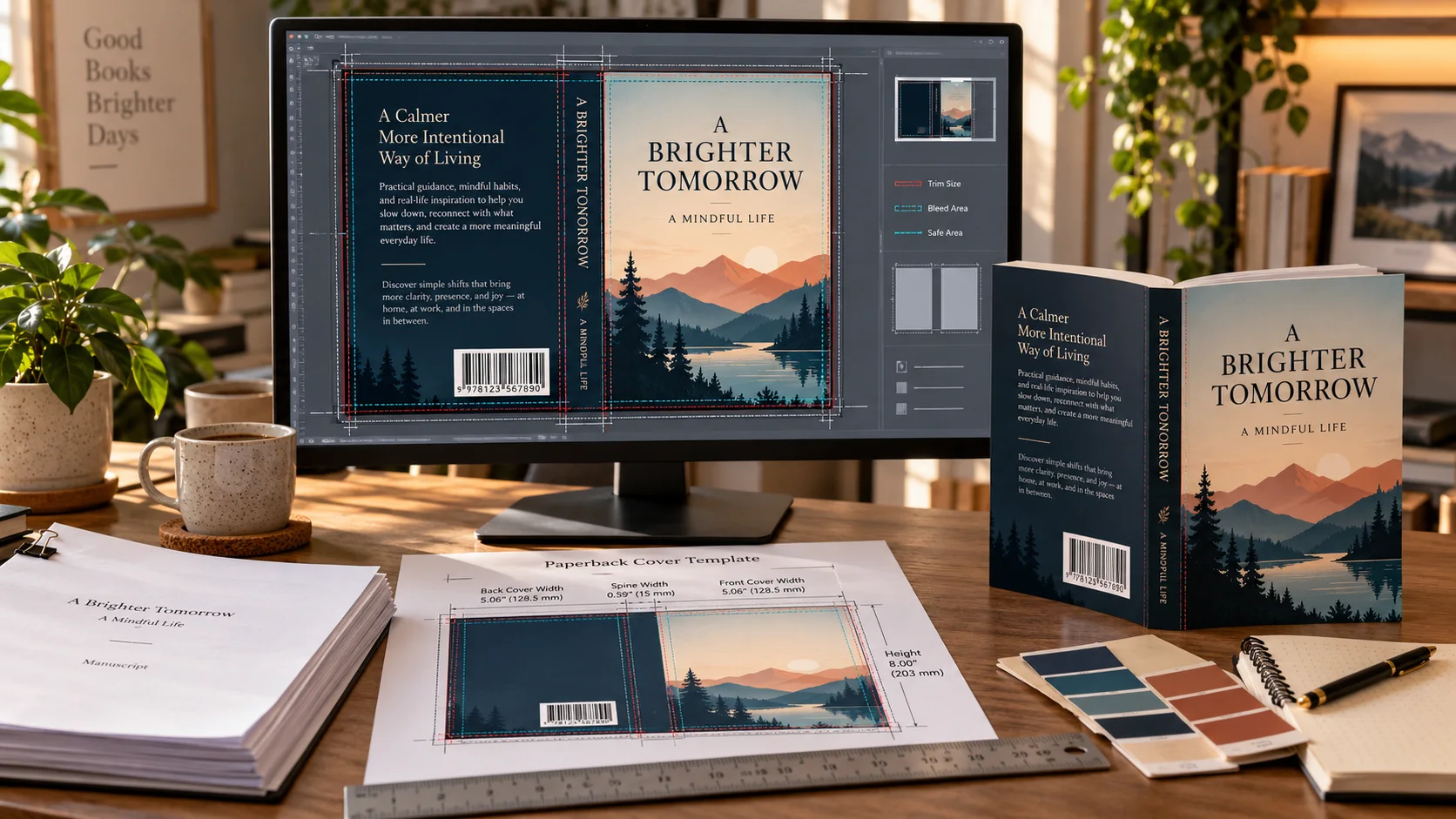 A paperback cover designer workspace showing a measured back cover, spine, front cover, bleed guides, barcode area, and physical book proof.