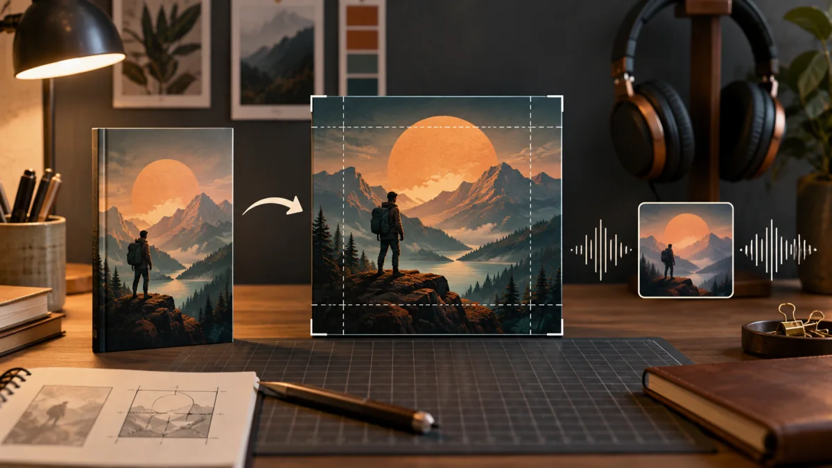 A portrait book cover being recomposed as square audiobook artwork beside headphones and an audio waveform.