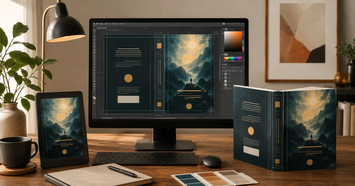 A professional book cover creator workspace displaying a full paperback wrap, a Kindle cover preview, and a finished print book.