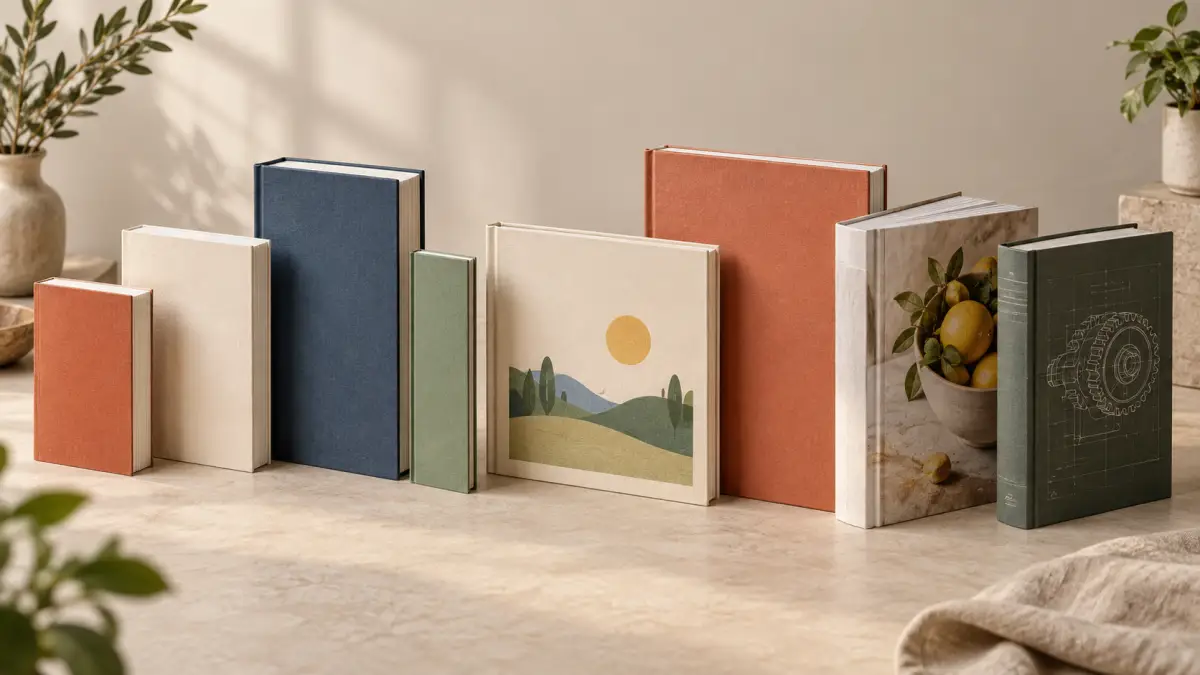 Eight printed books in different shapes and sizes arranged together on a tabletop.