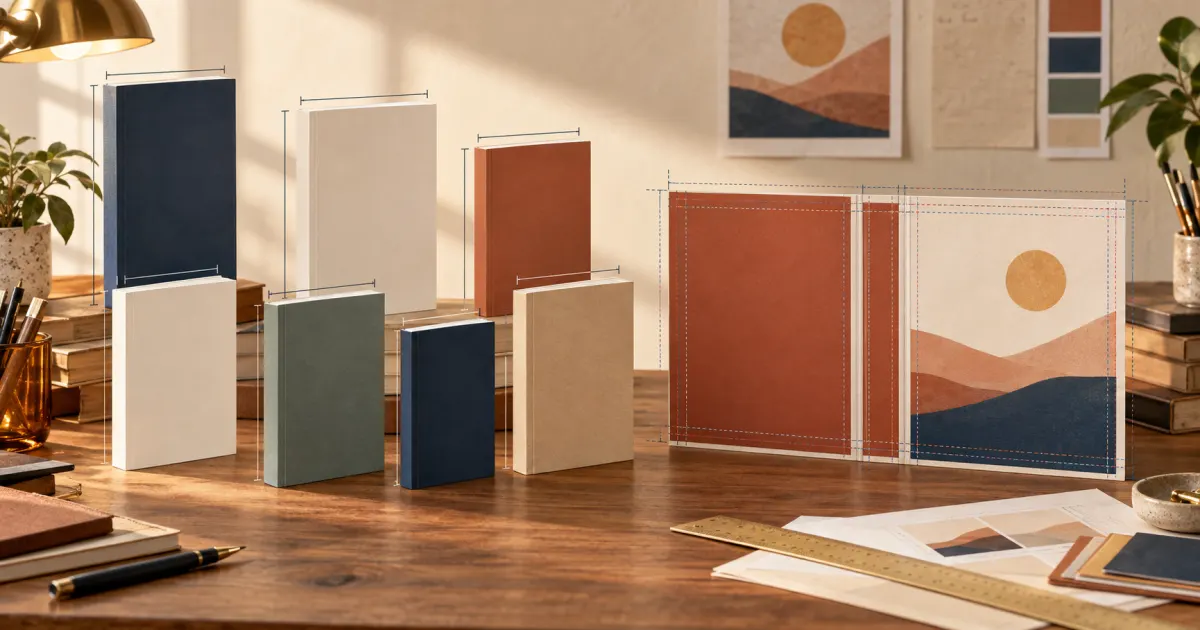 Books in seven trim-size proportions beside a full paperback cover wrap with measurement, bleed, and safe-area guides.