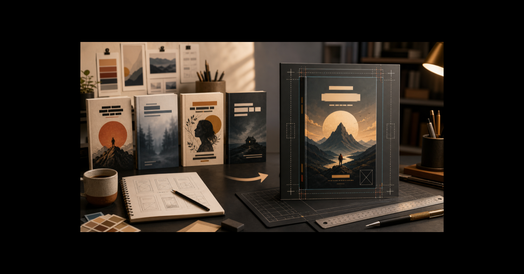 Book cover concepts progressing from common design mistakes to a polished professional cover aligned within print production guides.