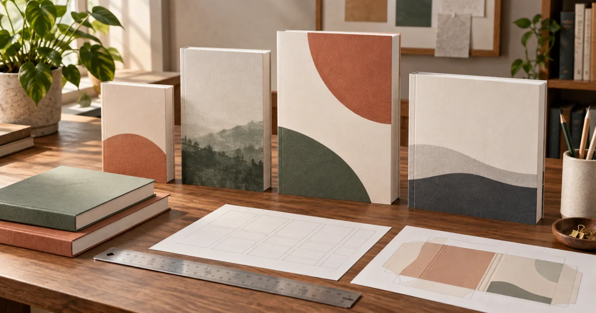 Paperback books in several trim-size proportions arranged with a ruler and print-layout sheets in a warm design studio.