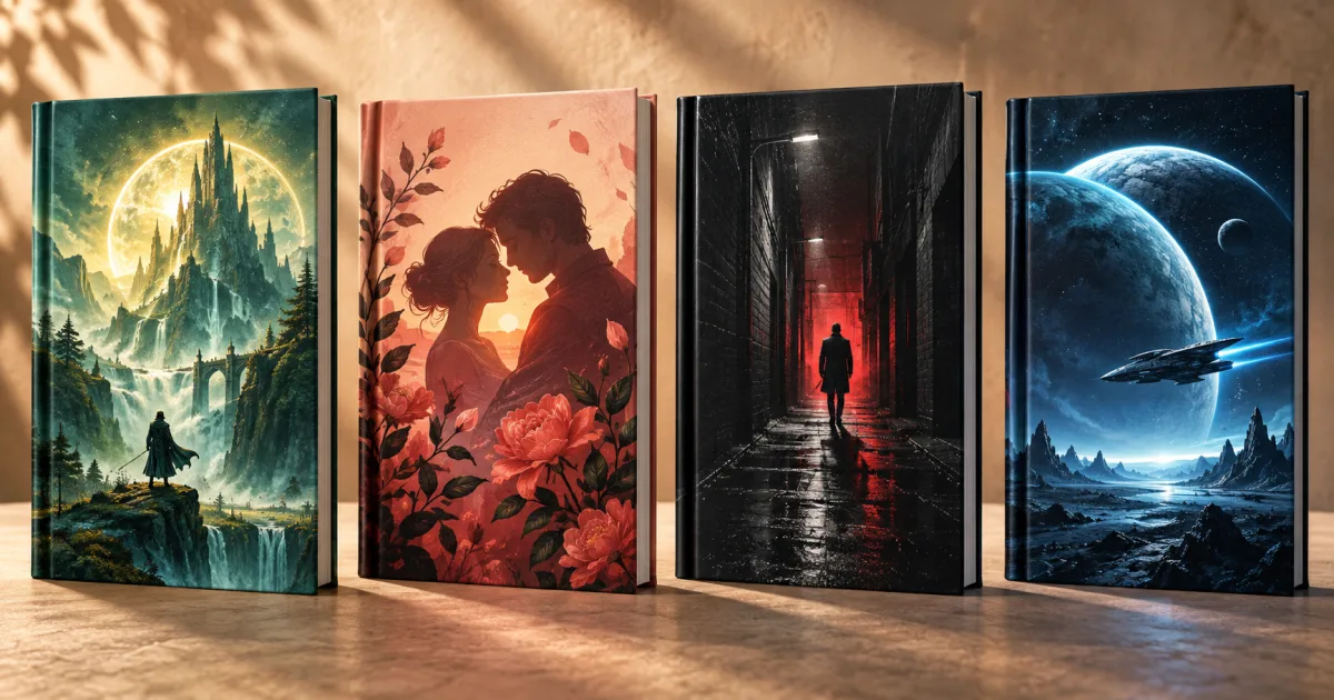 Four original fiction book covers using distinct fantasy, romance, thriller, and science-fiction visual styles.