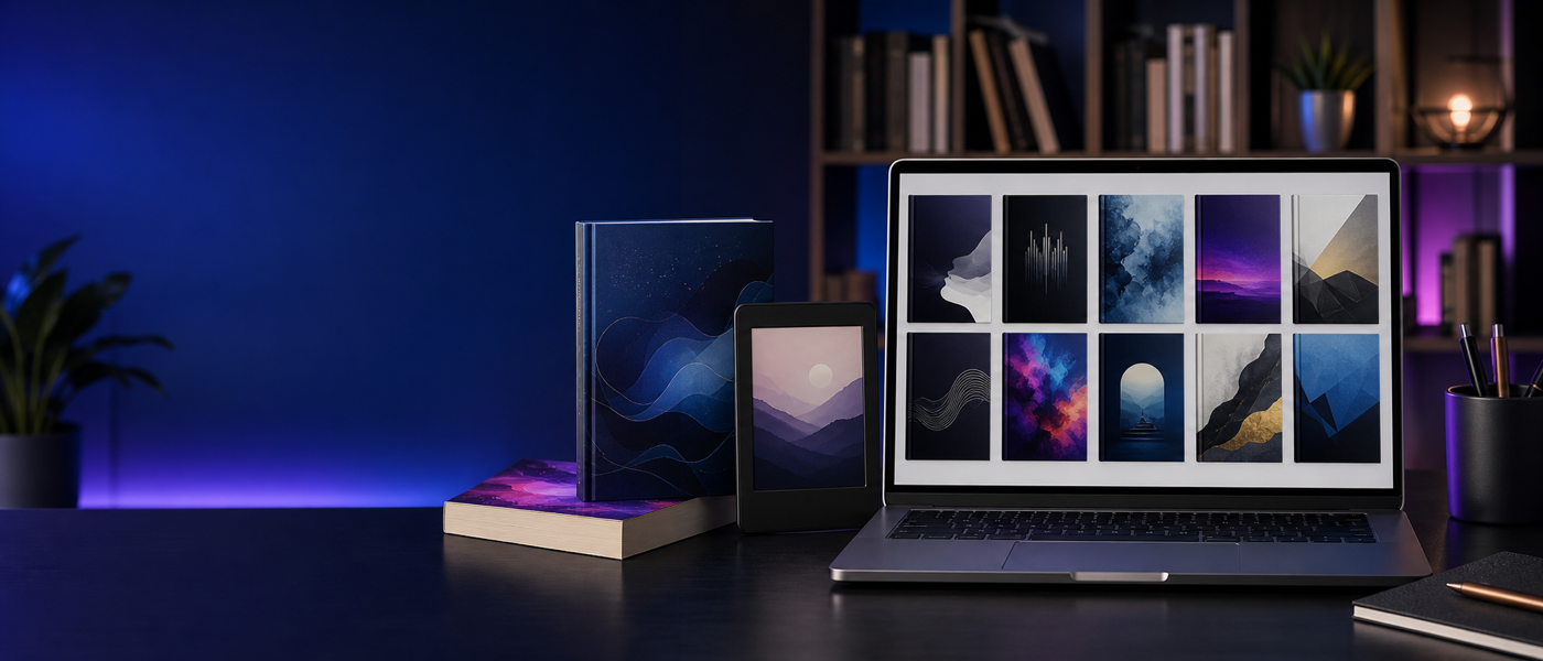 A laptop displaying book cover templates beside paperback, hardcover, and Kindle mockups in a blue and purple publishing workspace.