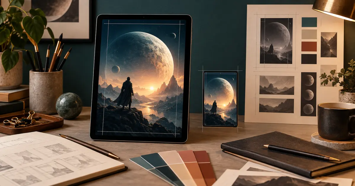 Kindle cover artwork displayed at full size and as a small storefront thumbnail in a warm professional design studio.