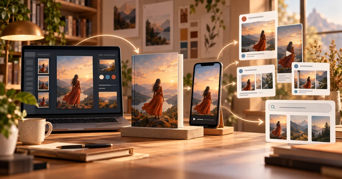 A connected author workflow moving from book cover design on a laptop to a finished paperback, short-form video, social posts, and search discovery.