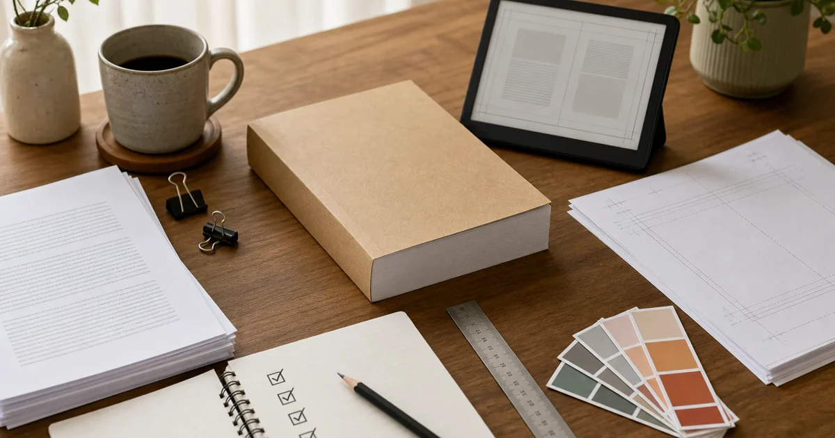 A plain book proof, manuscript pages, trim guides, checklist, and digital page preview arranged for publishing.