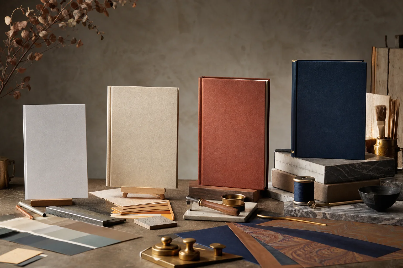 Four increasingly refined book formats arranged with premium bookbinding materials.