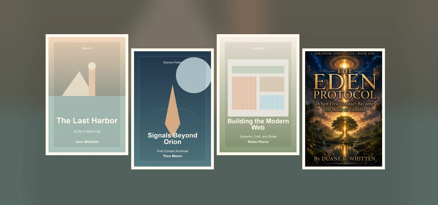 A gallery of finished fiction, history, technology, and science-fiction book covers.