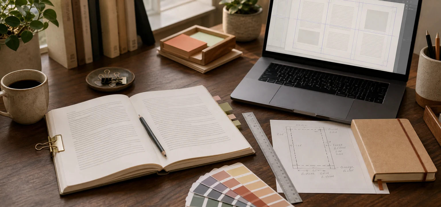 A manuscript, layout measurements, color swatches, and page-design workspace arranged on an author’s desk.