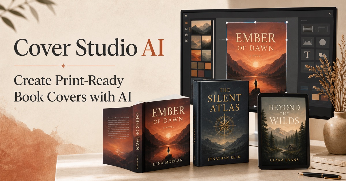 Book cover planning materials in the Cover Studio AI workspace.